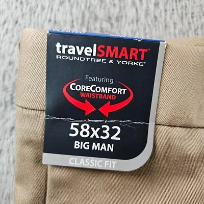 NWT Roundtree & Yorke Travel Smart Chino Pants Men 58x32  Pleated Front Khaki - Image 1 of 4