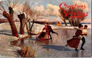 Biesen Oilette Postkarte Weihnachtsgrüße in roten Perlen Schlittschuh Eis Stuhl - Bild 1 von 2