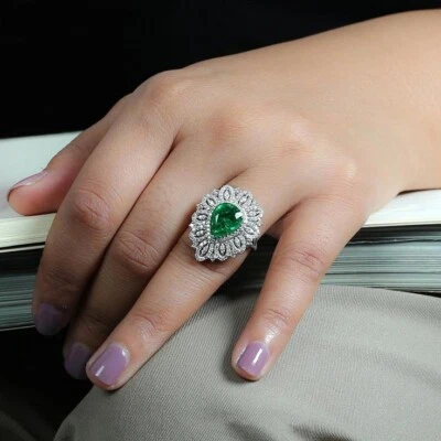 Teardrop Floral Simulated With 4.62 TCW Emerald & Sapphire Engagement Party Ring - Image 1 of 4