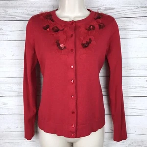 Charter Club Embellished Cardigan Women’s Petite S PS Red Sequin Tulle Button - Picture 1 of 7