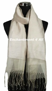 Large 76"x27" Handmade Double Layer Silk Scarf Shawl Wrap, Ivory Solids - Picture 1 of 5