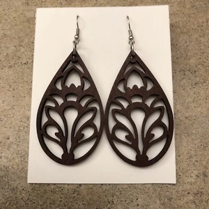 Wood Cut Teardrop Dark Brown Dangle Earrings, New - Picture 1 of 4