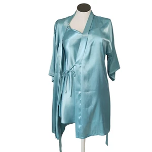 LA Intimates Short Satin Chemise Negligee Slip & Robe Set Womens Med Aqua Blue - Picture 1 of 11