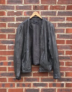 All Saints Mens MORTER Leather Bomber Jacket XL Grey Biker Collide Moto - Picture 1 of 15