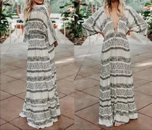 VICI Hieroglyphic Deep V Plunge Kimono Maxikleid blau weiß Größe L - Bild 1 von 7
