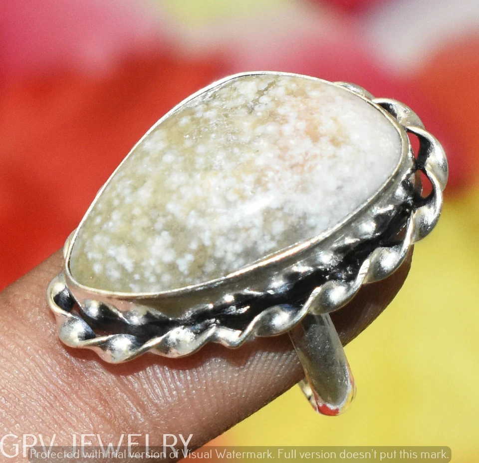 Anillo de piedras preciosas de jaspe de océano con superposición de plata de ley 925 talla US 7,5" U293-E180 Foto 1 de 1