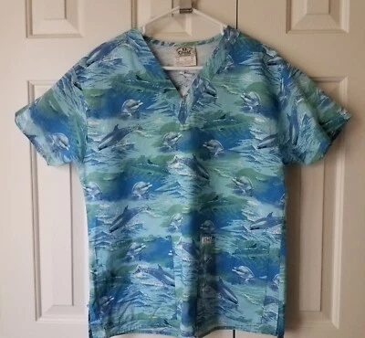 Crest Dolphin Scrub Top Women size S Blue - Image 1 of 4