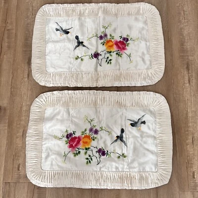 2 PCs 100% Silk Hand Made Embroidered Pillowcase Cover Love Birds Vintage Mint - Image 1 of 4