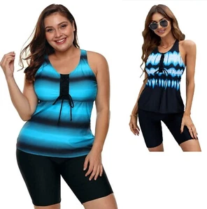 Women's Ombre Stripe Swim Capris Shorts Tank Two Piece 2 PC Tankini Swimsuit Set - Picture 1 of 27