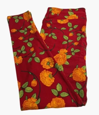 LuLaRoe Leggings TC Tall Curvy AUTUMN Fall Floral RED ORANGE Retro ROSE Flower - Image 1 of 4
