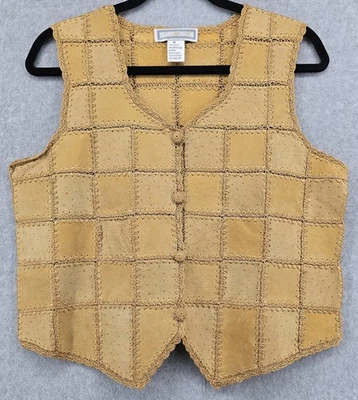 Colete de retalhos de couro vintage SMH feminino M bronzeado crochê hippie boho festival faroeste - Imagem 1 de 4