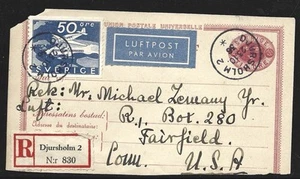 Schweden Postkarte erhöht 1936 nach USA - Luftpost & Einschreiben nach Fairfield - Bild 1 von 2