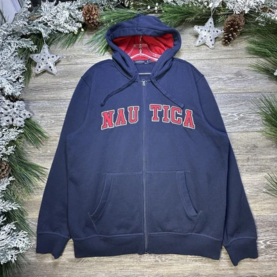 Nautica Sweatshirt Size Large Y2K Jacket Navy Blue Full Zip Mens Hooded Hood - Image 1 of 4