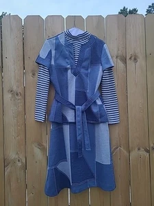 Vintage 60s Skirt & Top Dress Set Patchwork Denim Polyester Double Knit Mod Boho - Imagen 1 de 10