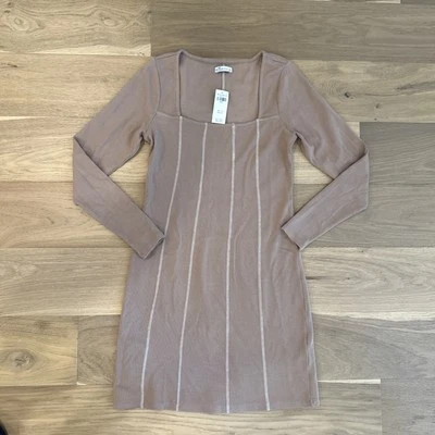 NUEVO CON ETIQUETAS HOLLISTER Vestido Acanalado Costura Tejido‎ Bodycon Tostado Marrón Talla L Foto 1 de 4