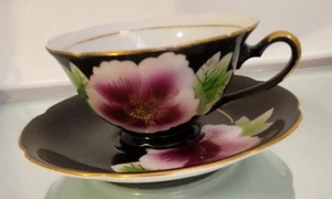 Occupied Japan Teetasse & Untertasse handbemalt schöne Blume auf schwarz gold vergoldet - Bild 1 von 7