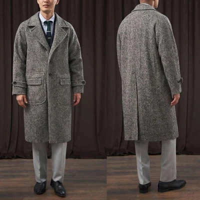 Men Gray Herringbone Coat Single Breasted Jacket Notch Lapel Cashmere Tweed - Image 1 of 4