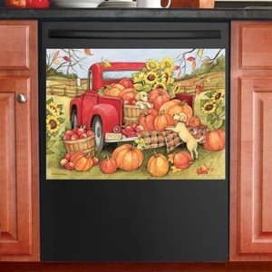 Red Truck w/ Pumpkin & Sunflower Thanksgiving Kitchen Dishwasher Cover Magnet - Picture 1 of 1