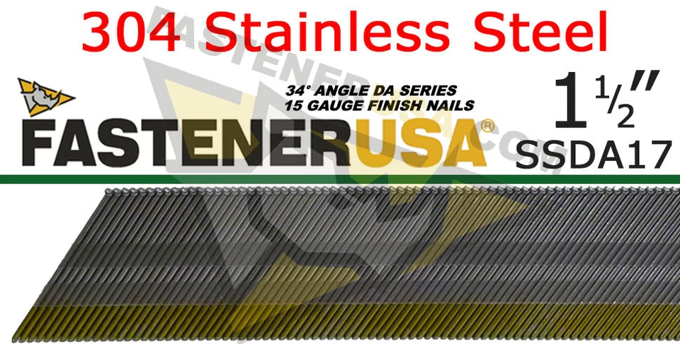 FASTENER USA DA17 15 Gauge 304 Stainless Steel Angled Finish Nail 34 Degree 1 1/2" (1,000ct)
