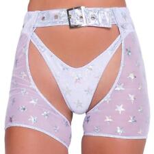 Hologram Star Print Chaps Shorts High Waisted Buckle Closure White Silver 6083