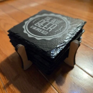 Home Beer Coaster Black Slate 6 pc Set with Wood Holder - Picture 1 of 7
