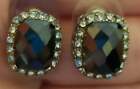 Vintage Faceted Black Stud Earrings Circle By Unknown Clear Stones 1/2"