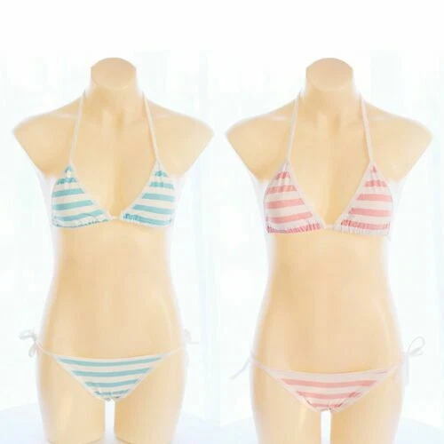 Cute&Sexy Anime Style Stripe Lingerie Bra Set String Tie Cosplay Bikini Sukumizu - Image 1 of 4