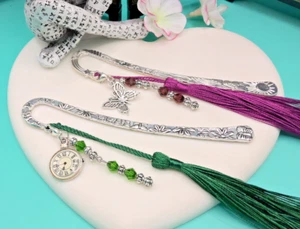 PAIR of METAL BOOKMARKS & CHARMS +TASSELS PERSONALISED GIFT TAG BOX READERS, MUM - Picture 1 of 27