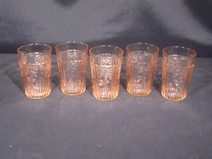 Anchor Hocking Mayfair "Open Rose" Flat Pink Juice Glasses Set of 5 - Picture 1 of 17