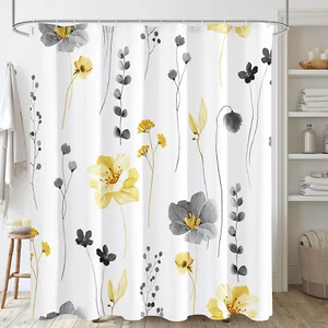 Shower Curtain Watercolor Flower Shower Curtain Sets - Spring Yellow Gray Floral - Picture 1 of 6