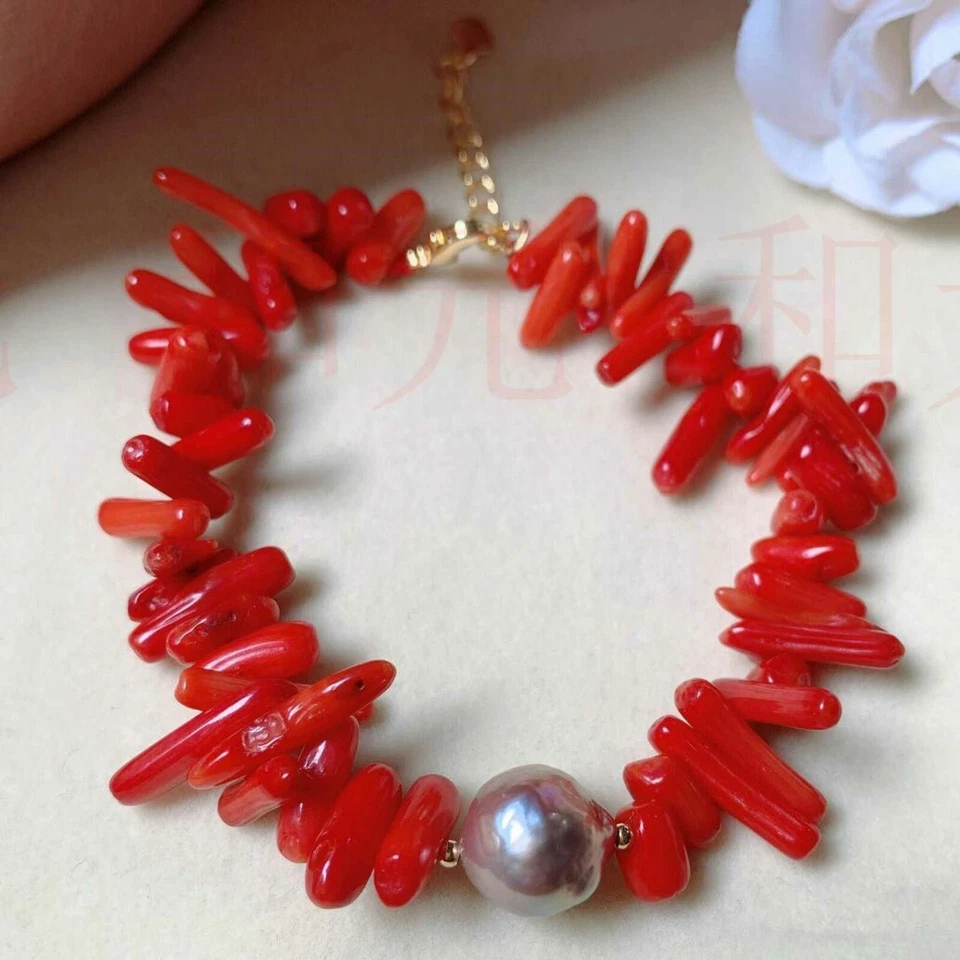 Moda Natural Blanco Redondo Perla Rojo Coral Oro Pulsera Regalo Espiritualidad Foto 1 de 4