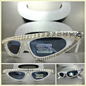 CLASSIC RETRO Exotic CAT EYE Style SUN GLASSES Unique White Frame Bling Crystals - Picture 1 of 9