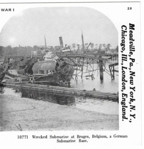 Submarino alemán naufragado, Brujas, Bélgica, Primera Guerra Mundial, 1978 reproducción Stereoview - Imagen 1 de 3