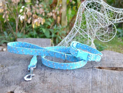 Blue Dragonflies Fabric Buckle Puppy/Dog Collar 10-15" 20mm Matching Lead Set - Image 1 of 4