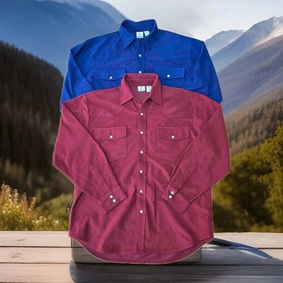 Haband Lot Of 2 Corduroy Pearl Snap Shirts Mens Sz Medium Western Navy Burgundy - Image 1 of 4