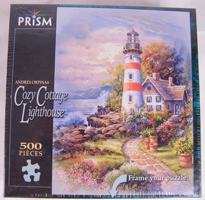 PRISM COZY COTTAGE LIGHTHOUSE BY ANDRES ORPINAS 500 PIECE PUZZLE NEW SEALED - Image 1 of 3