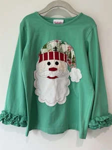 Natalie Grant Girls Christmas Santa Appliqué Top Green Ruffle Sleeve EUC Size 6X - Picture 1 of 6