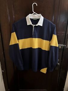 Orvis Rugby Shirt Mens Large Blue Yellow Striped  Polo Heavy Cotton Vintage Y2K