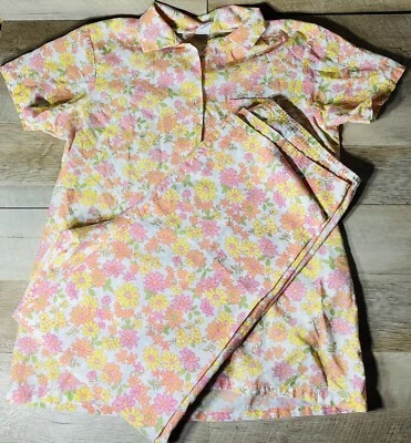 复古 70 年代 Sears Roebuck 多色花卉女式 PJ 套装短袖 34 码 — 第 1/4 张图片