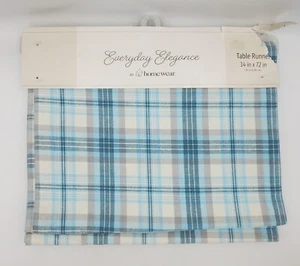 Homewear Table Runner Everyday Elegance 100% Cotton Village Plaid Blue 14"x72" - Picture 1 of 4