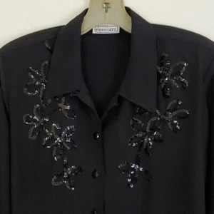 Impressions Vintage Black W/ Sequins Satin Blouse Petite  L  - Picture 1 of 9