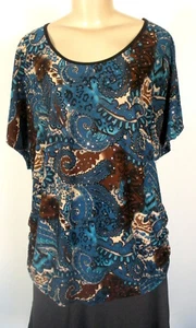 Lujosa Camisa Top 2X Verde Azulado Beige Marrón Brillante Plateado Lentejuelas Mangas Cap - Imagen 1 de 10