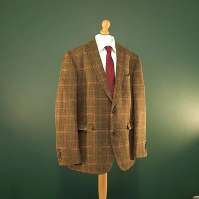 Barbour Tweed Blazer Mens 46R Red Check Khaki Green Wool Country Jacket - Image 1 of 4