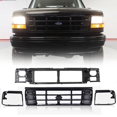 Header Panel &Glossy Black Grille Kit For 92-97 Ford F-150 F250 1992-1996 Bronco - Image 1 of 4