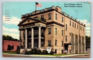 Postcard First Chistian Church, West Frankfort, Illinois, Exterior View, US Flag - Picture 1 of 2