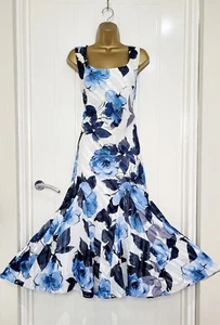 ROMAN size 12 white blue floral metallic fishtail long satin floaty dress VGC - Picture 1 of 6