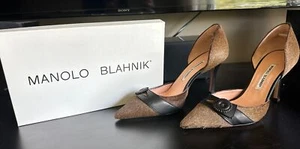 Manolo Blahnik Brown Calf Hair And Black Leather D’Osay Size 39/US 9 - Picture 1 of 12