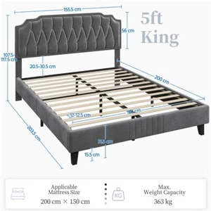 4FT6/5FT Double Upholstered Bed Frame with Adjustable Tufted Velvet Headboard - Picture 1 of 25