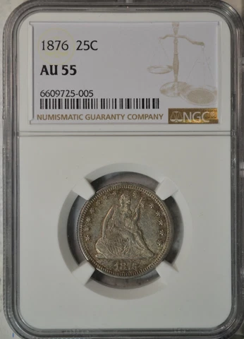 1876 Seated quarter, NGC AU55..........Type Coin Company Cover