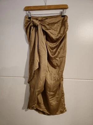 Cider Tan Brown Satin Tie Front Slit Midi Skirt - UK Size 8 - Image 1 of 4